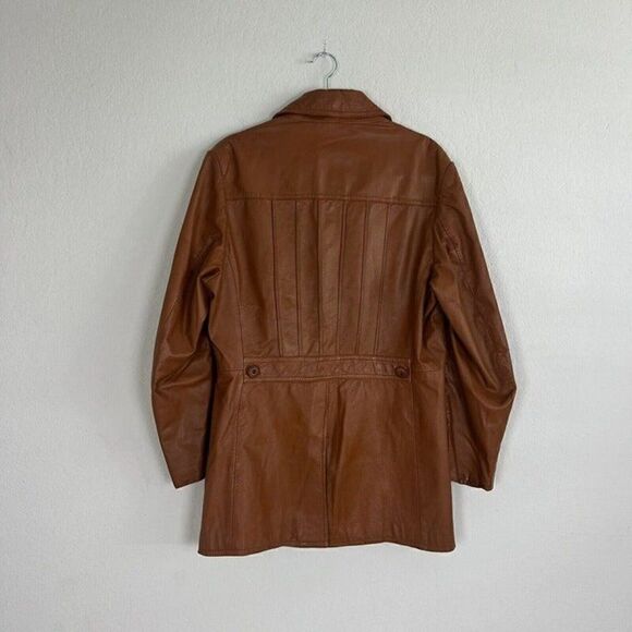 Vintage 70s Pampas Orange/Brown Leather Jacket Size 40 Button Up Mens Duster - Picture 2 of 12